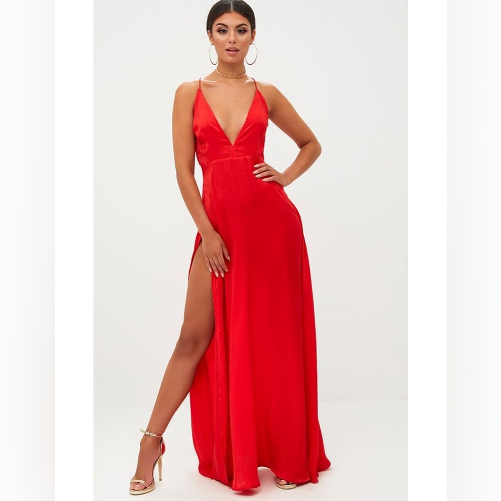 RED EXTREME SPLIT STRAPPY BACK MAXI DRESS